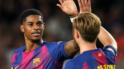 Marcus Rashford of FC Barcelona celebrates with teammate Frenkie de Jong after scoring his team's sixth goal