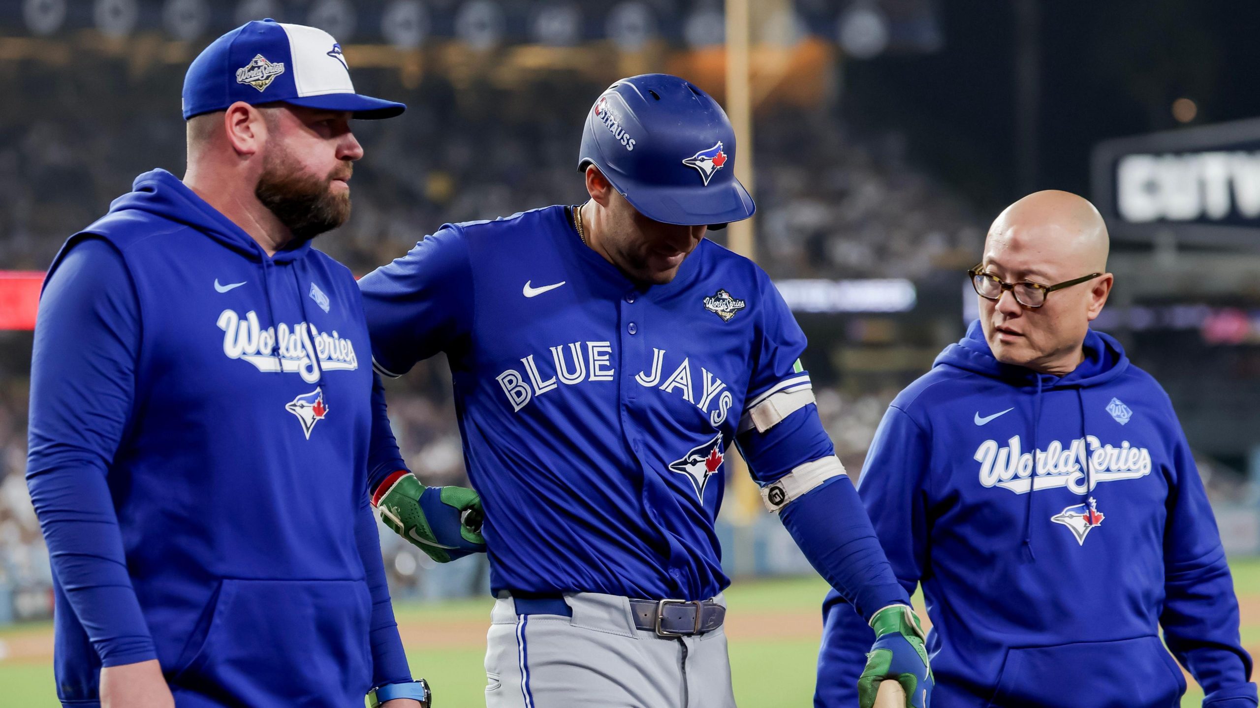 Toronto Blue Jays designated hitter George Springer leaves the game with injury in the seventh inning